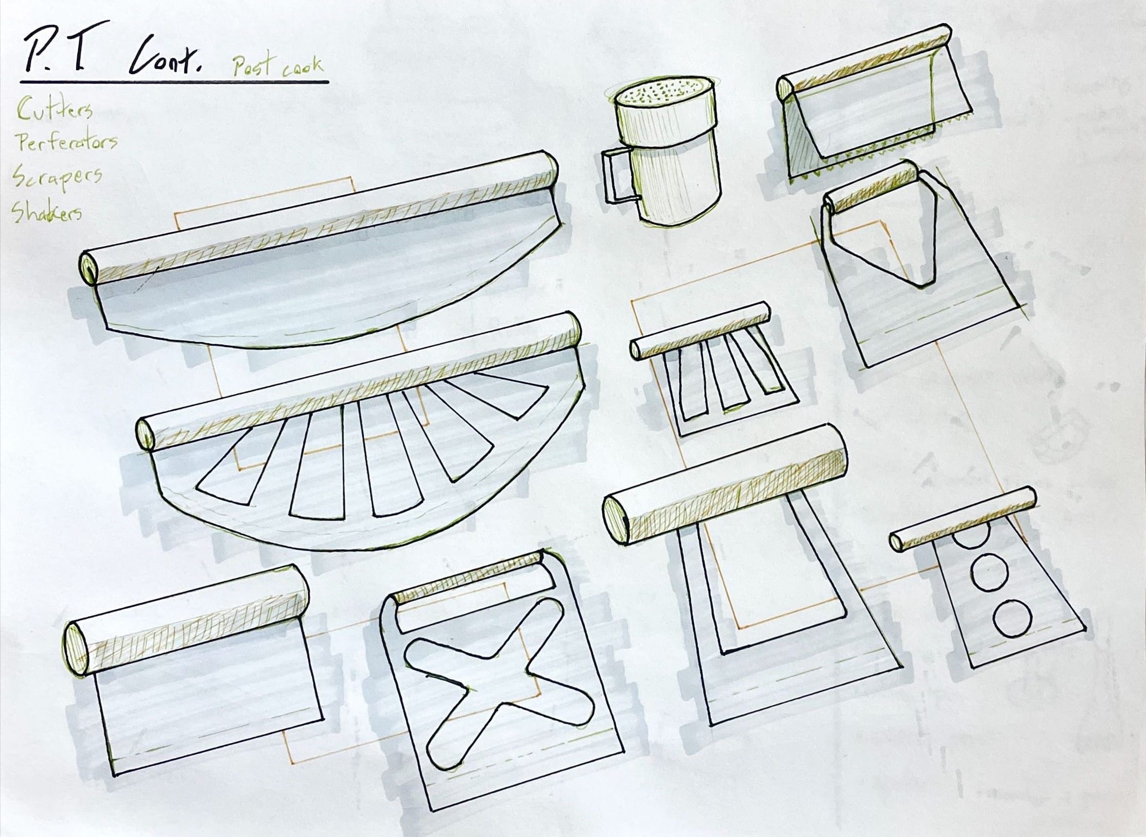 Sketch sheet exploring pizza cutter and scraper forms