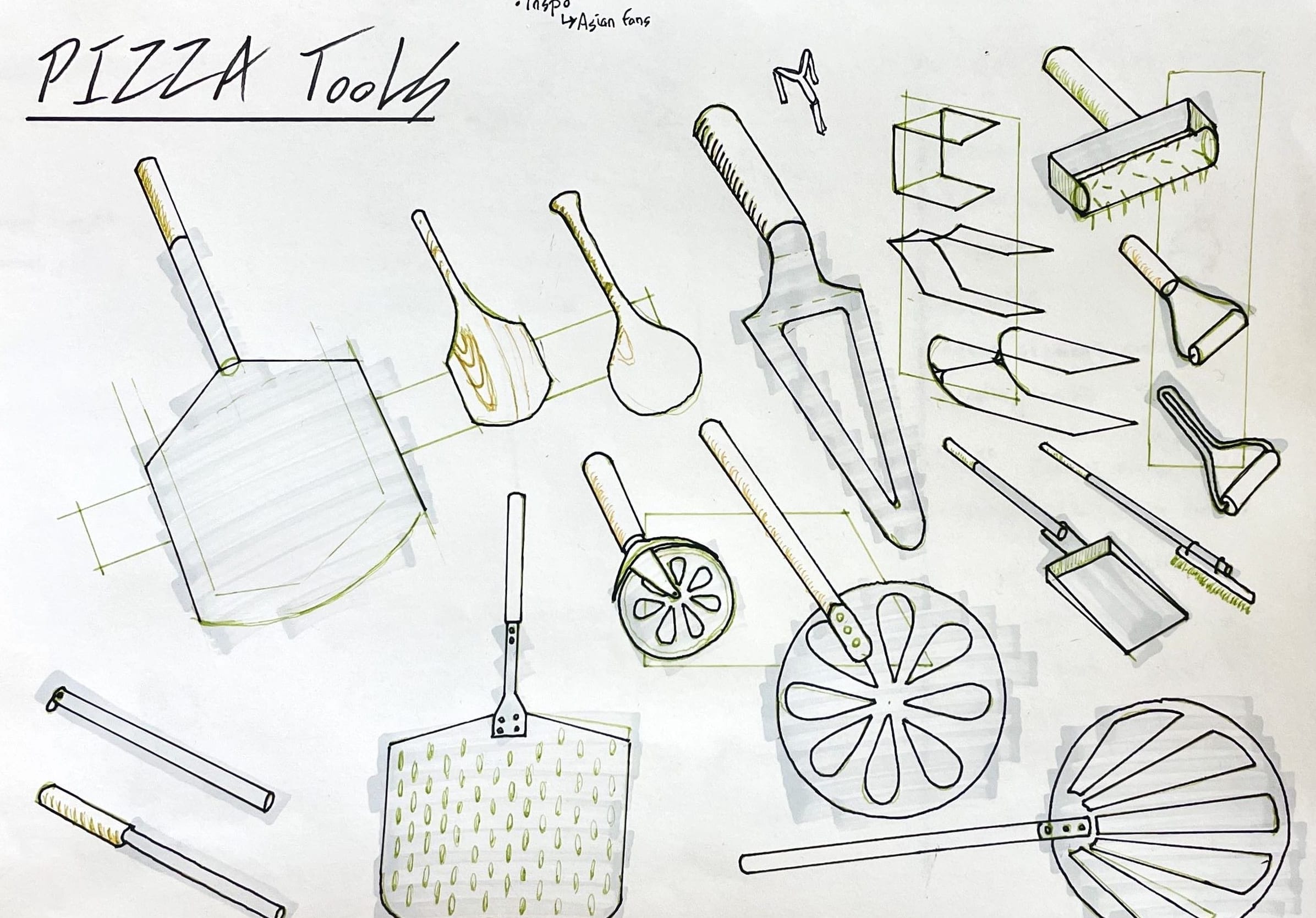 Sketch sheet of pizza peels, servers and cutters